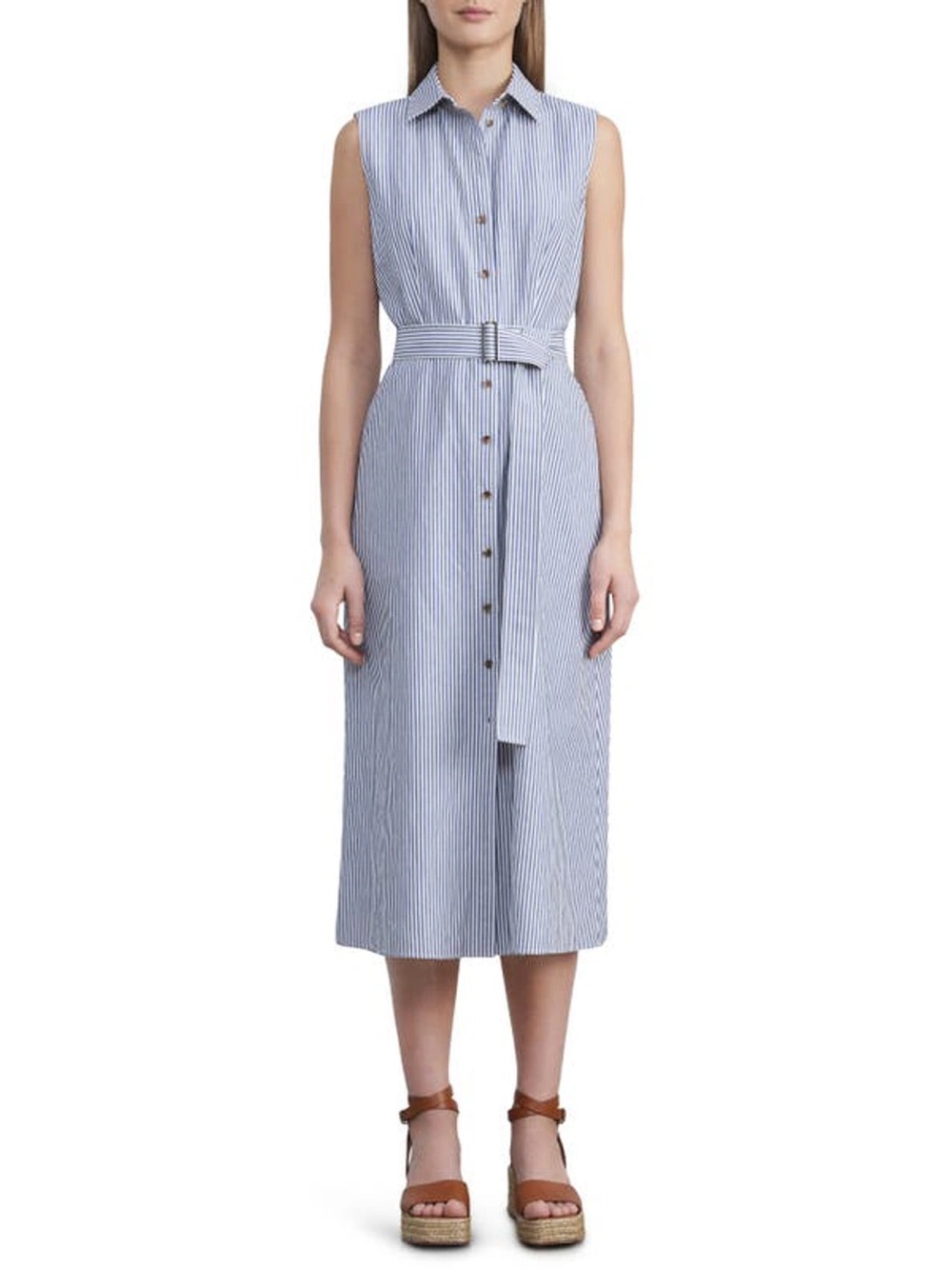 Lafayette 148 Pax Railroad Stripe Sleeveless Belted Shirt Dress Size 8 Navy